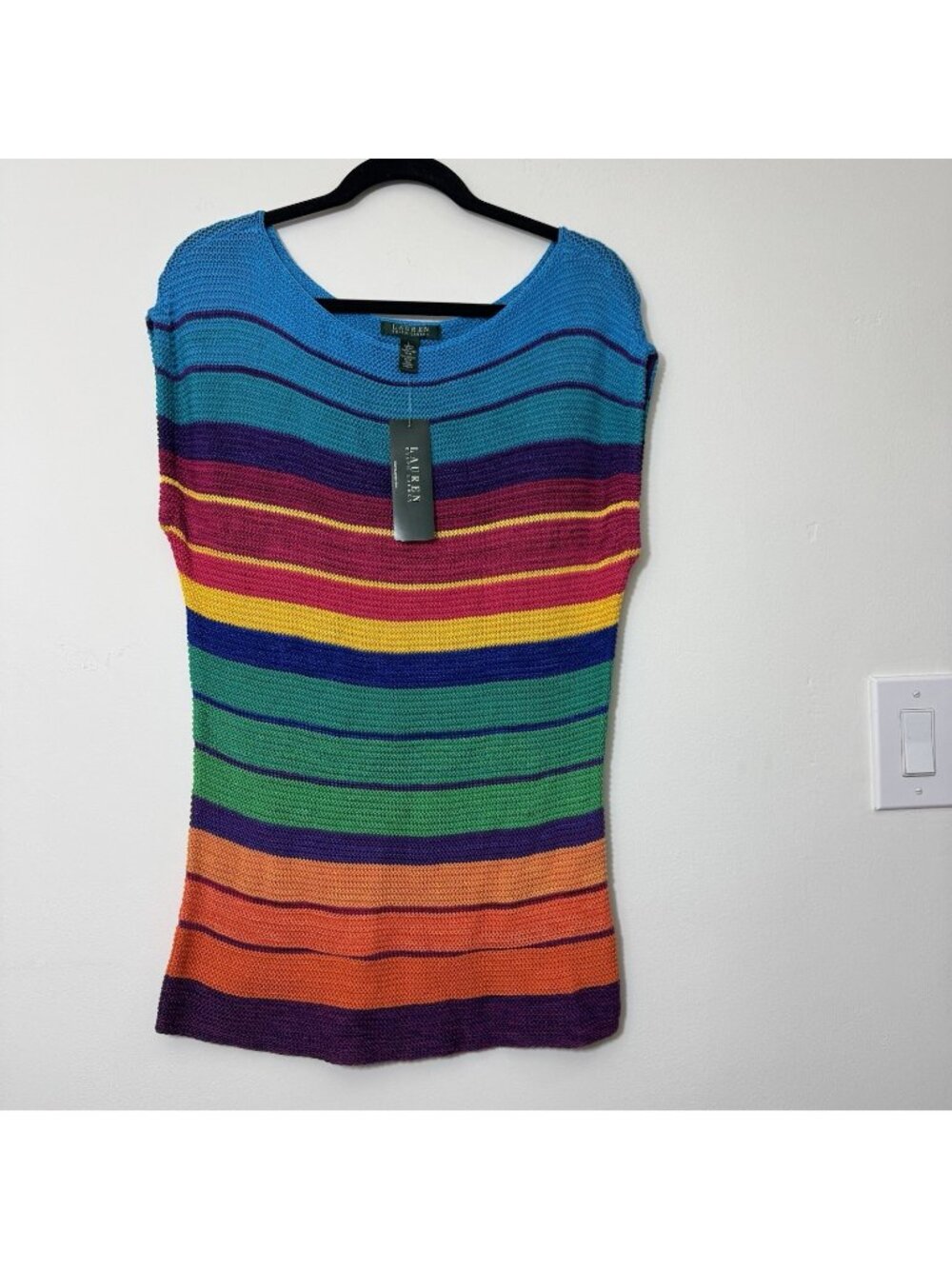 Lauren Ralph Lauren Women’s Top Size L Rainbow Stripe Knit Summer Sweater New